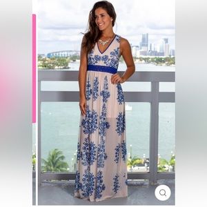 BLUE AND BEIGE FLORAL MAXI DRESS